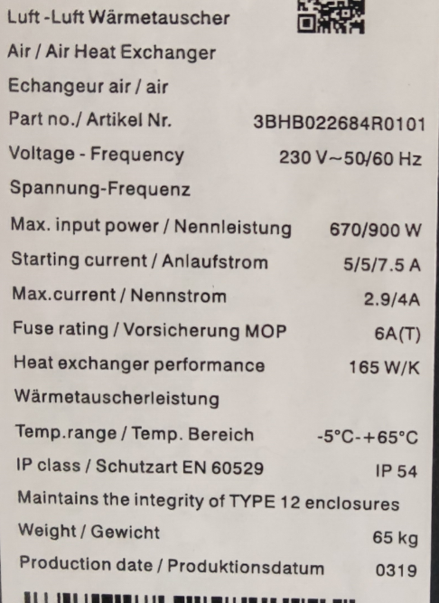 Luft-Luft Warmetauscher  Air/Air Heat Exchanger  Echangeue air/air 3BHB022684R0101